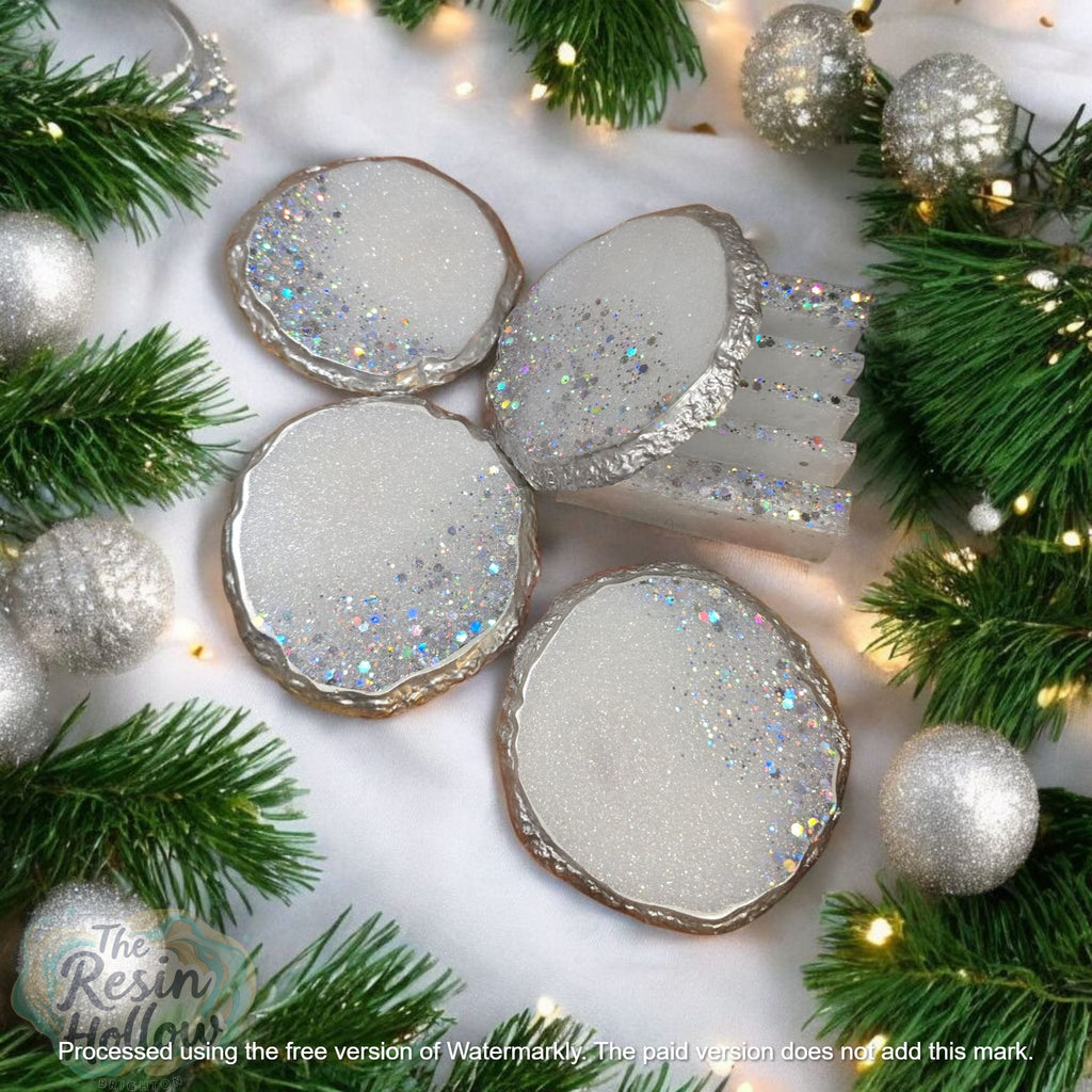 Christmas Glitter Resin Agate Coaster Set – 4pcs with Holder, Silver Edging, Heatproof, Gift Ready