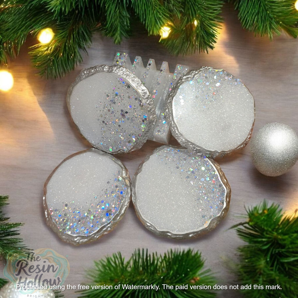 Christmas Glitter Resin Agate Coaster Set – 4pcs with Holder, Silver Edging, Heatproof, Gift Ready