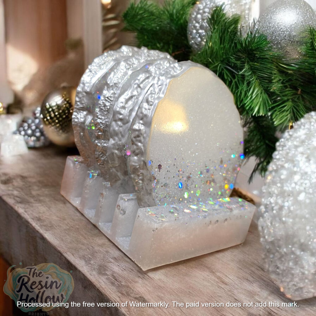 Christmas Glitter Resin Agate Coaster Set – 4pcs with Holder, Silver Edging, Heatproof, Gift Ready