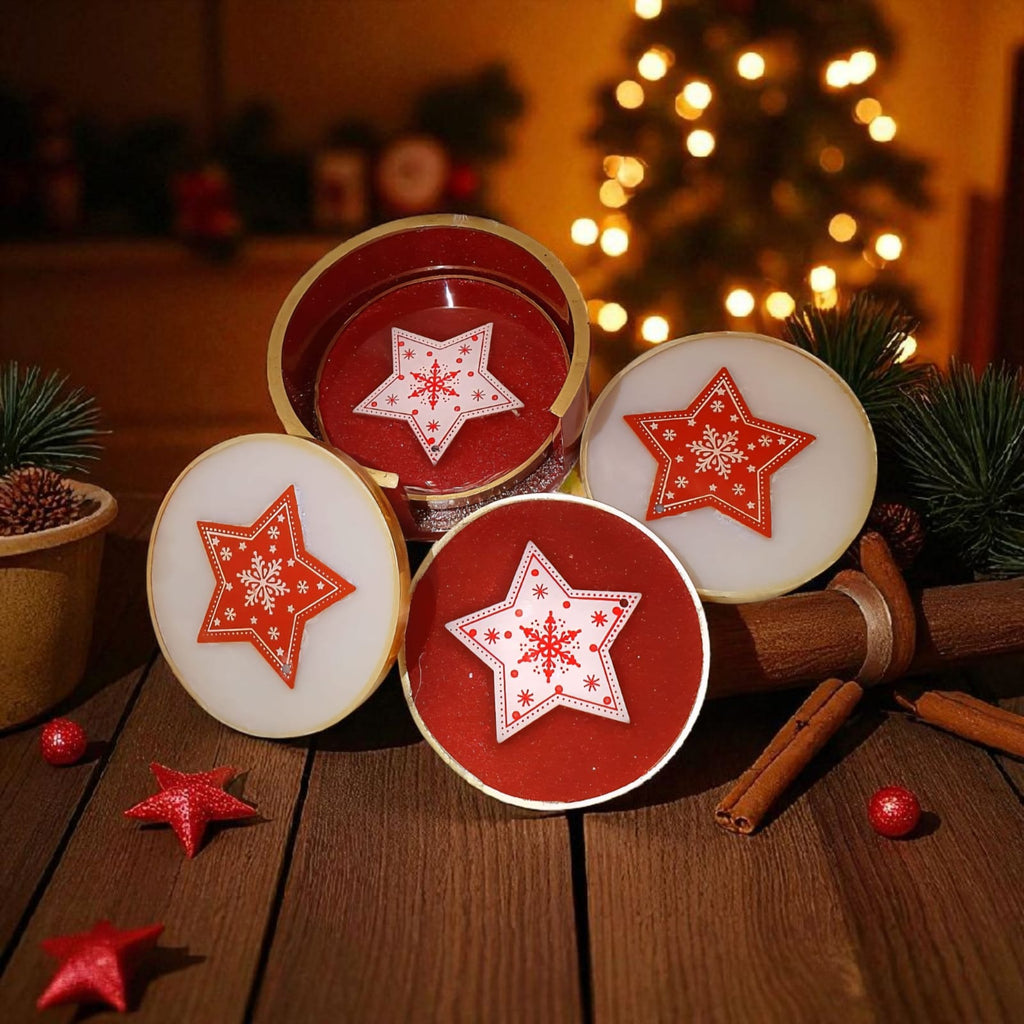 Christmas Resin Coaster Set – 4 Heatproof Coasters with Holder, Red & White Star Ornament Design, Home Decor, Fast Shipping