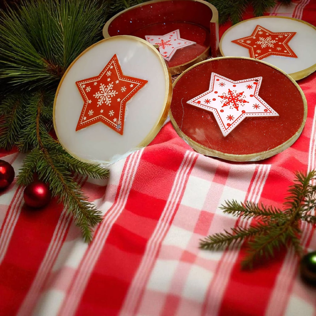 Christmas Resin Coaster Set – 4 Heatproof Coasters with Holder, Red & White Star Ornament Design, Home Decor, Fast Shipping