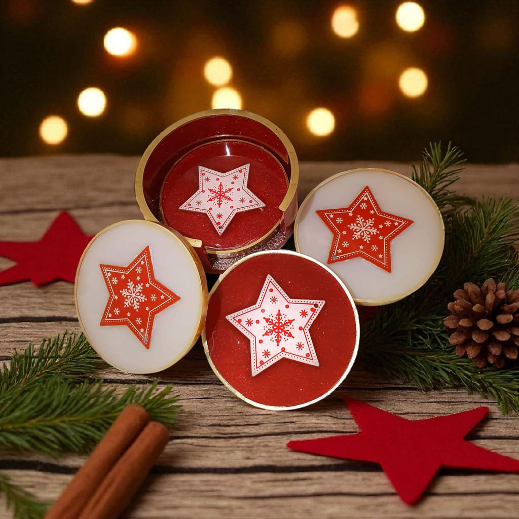 Christmas Resin Coaster Set – 4 Heatproof Coasters with Holder, Red & White Star Ornament Design, Home Decor, Fast Shipping