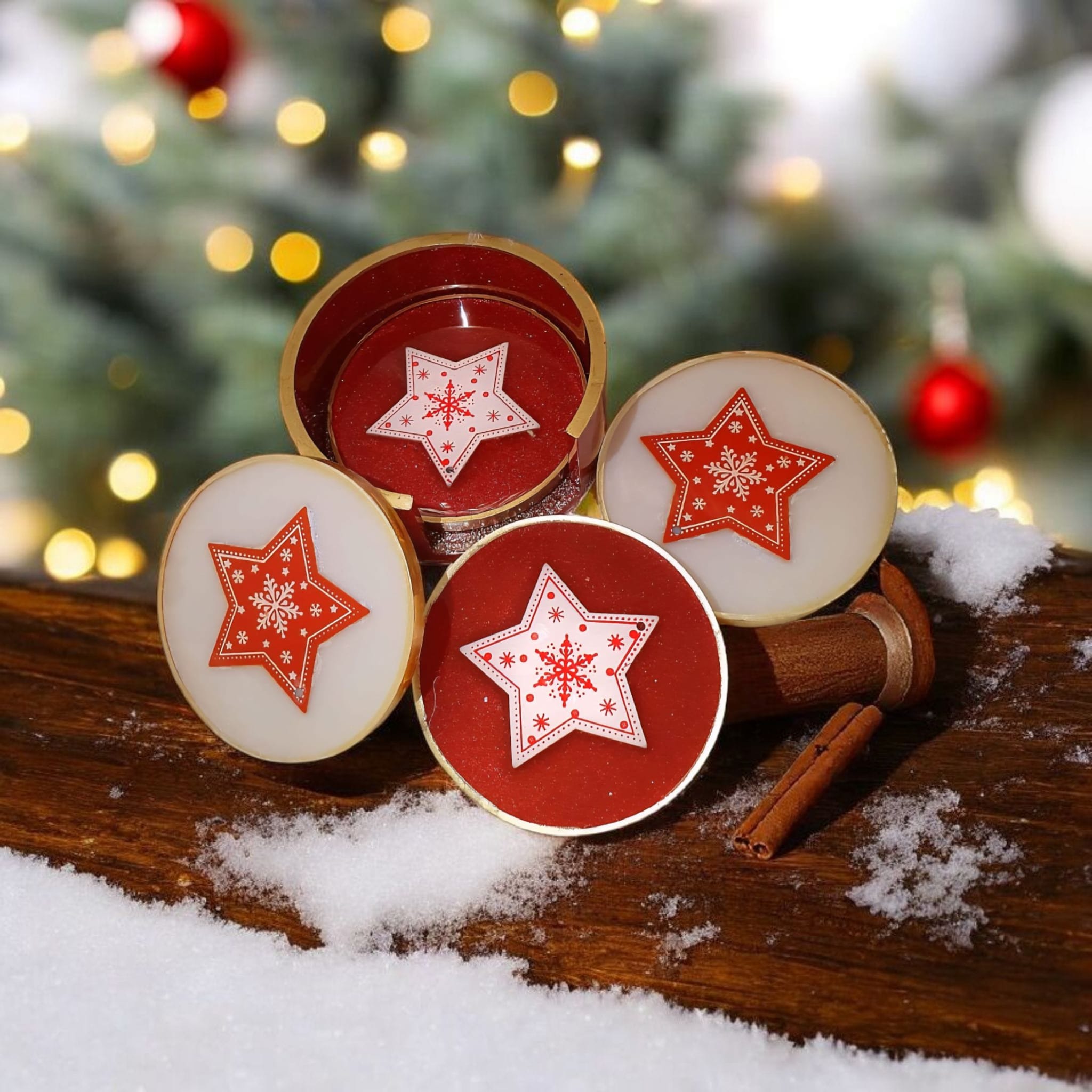 Christmas Resin Coaster Set – 4 Heatproof Coasters with Holder, Red & White Star Ornament Design, Home Decor, Fast Shipping