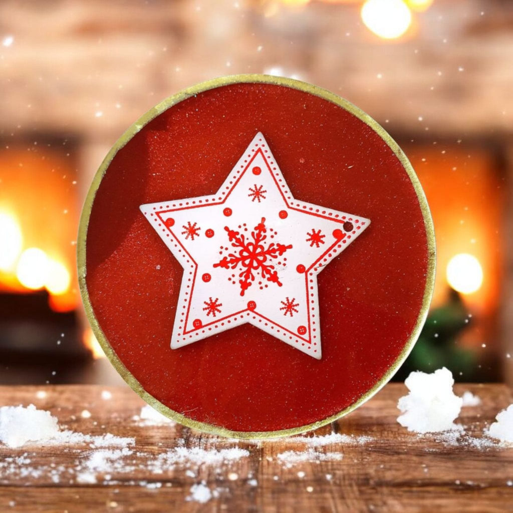 Christmas Resin Coaster Set – 4 Heatproof Coasters with Holder, Red & White Star Ornament Design, Home Decor, Fast Shipping