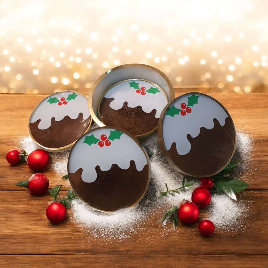 Christmas Pudding Resin Coaster Set – 4 Heatproof Coasters with Holder, Cute Festive Home Gift, Home Decor, Stocking Stuffer