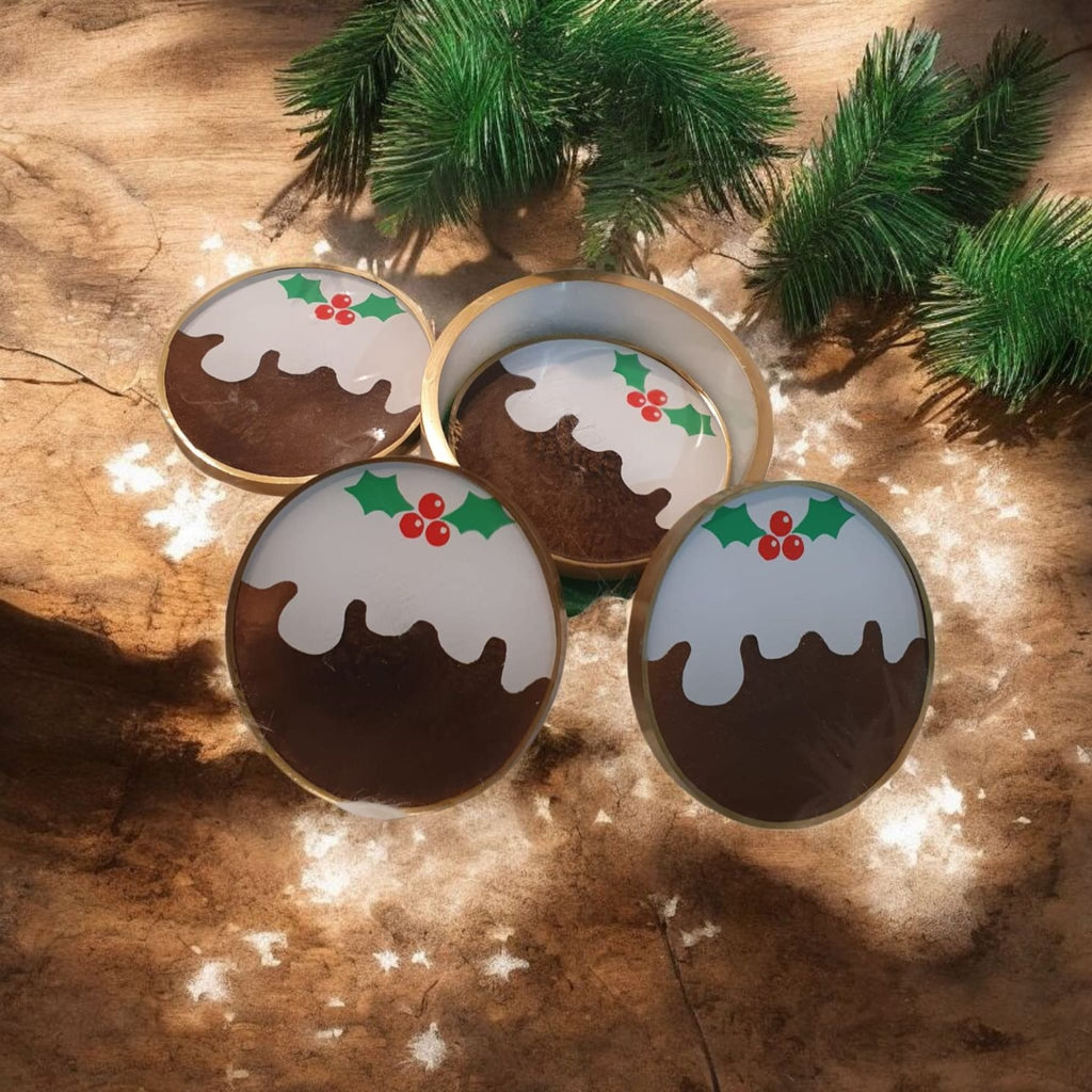 Christmas Pudding Resin Coaster Set – 4 Heatproof Coasters with Holder, Cute Festive Home Gift, Home Decor, Stocking Stuffer