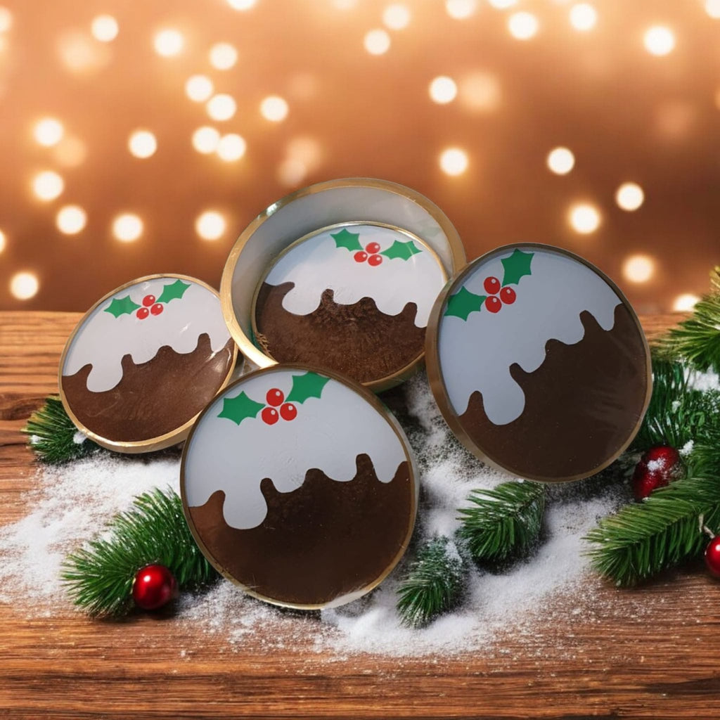 Christmas Pudding Resin Coaster Set – 4 Heatproof Coasters with Holder, Cute Festive Home Gift, Home Decor, Stocking Stuffer