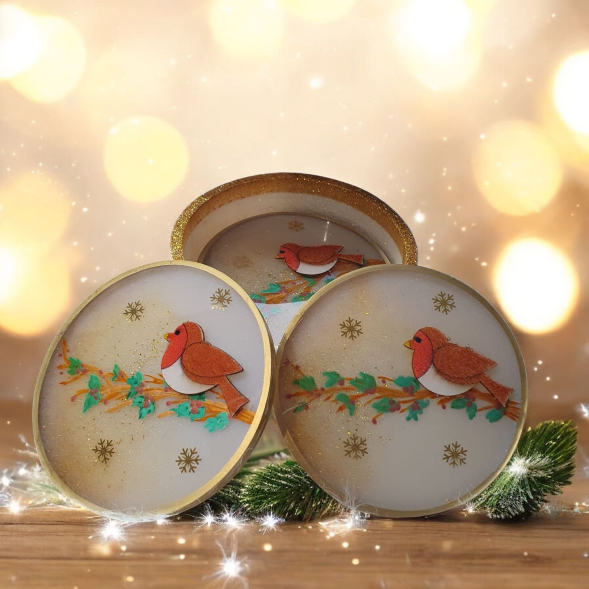 Christmas Robin Resin Coaster Set – 4 Heatproof Coasters with Holder, Festive Nature Gift