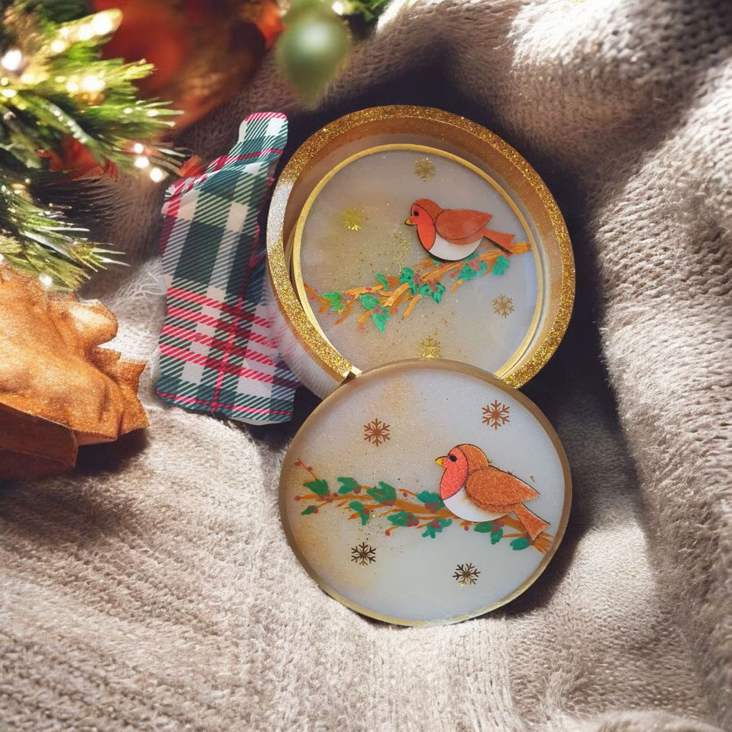 Christmas Robin Resin Coaster Set – 4 Heatproof Coasters with Holder, Festive Nature Gift