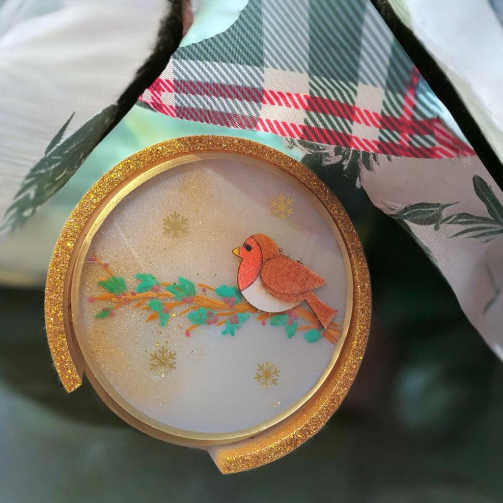 Christmas Robin Resin Coaster Set – 4 Heatproof Coasters with Holder, Festive Nature Gift