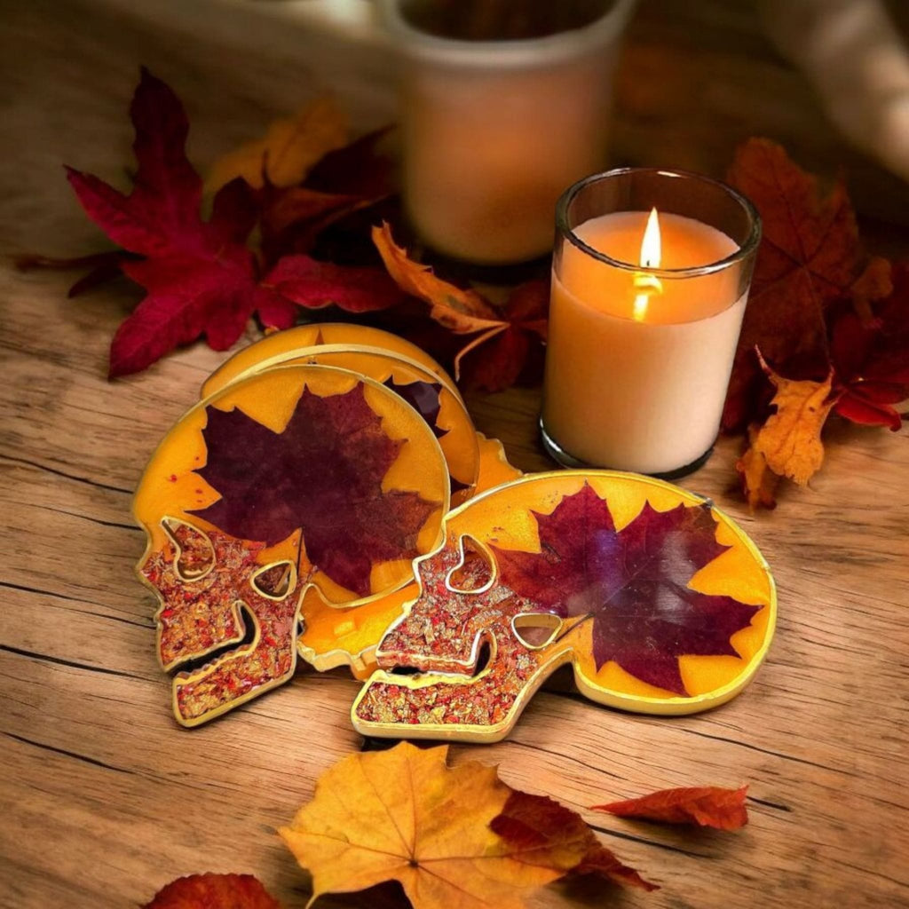 Skull Resin Coaster Set – Real Dried Maple Leafs, Gold Flakes, Autumn Gothic Home Decor