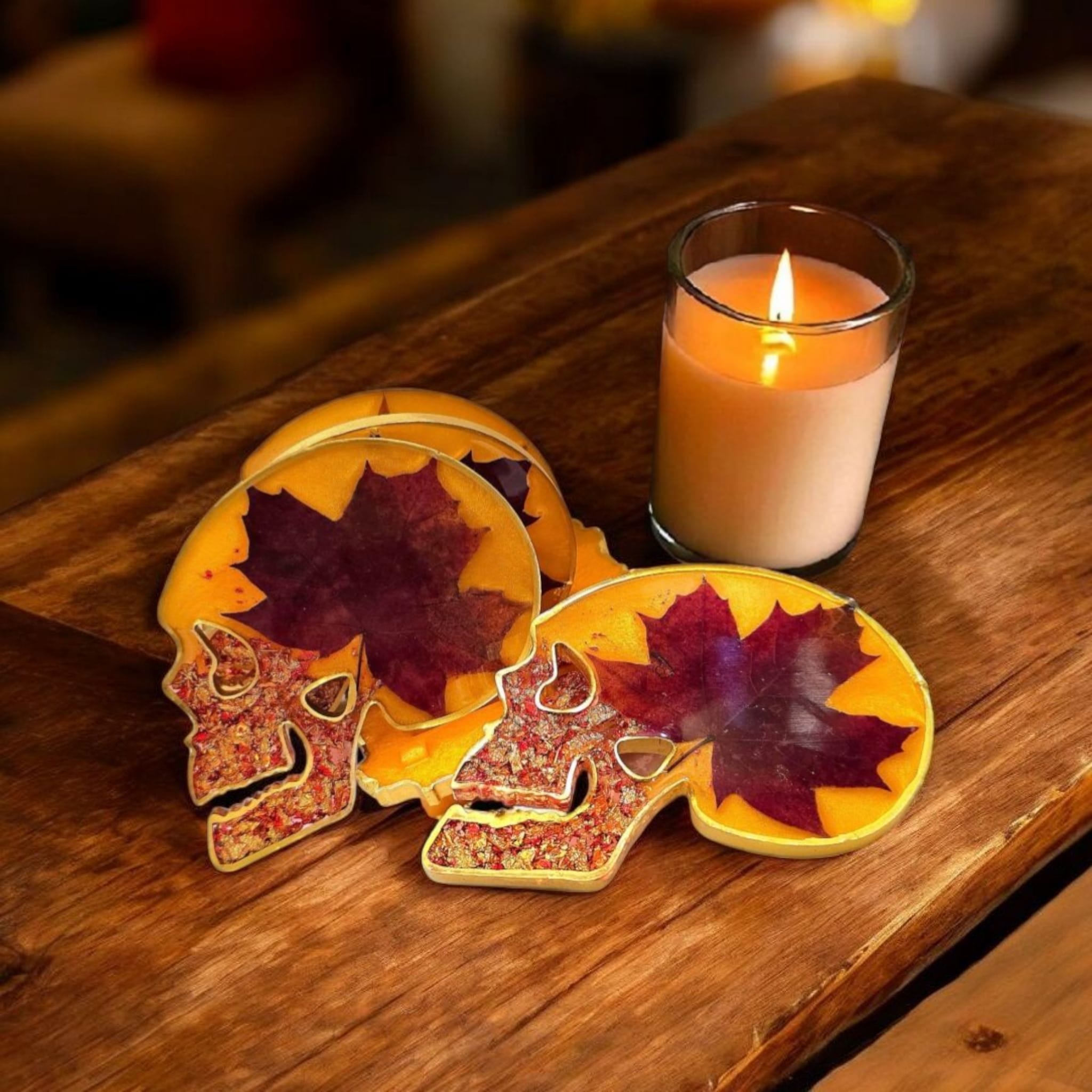 Skull Resin Coaster Set – Real Dried Maple Leafs, Gold Flakes, Autumn Gothic Home Decor